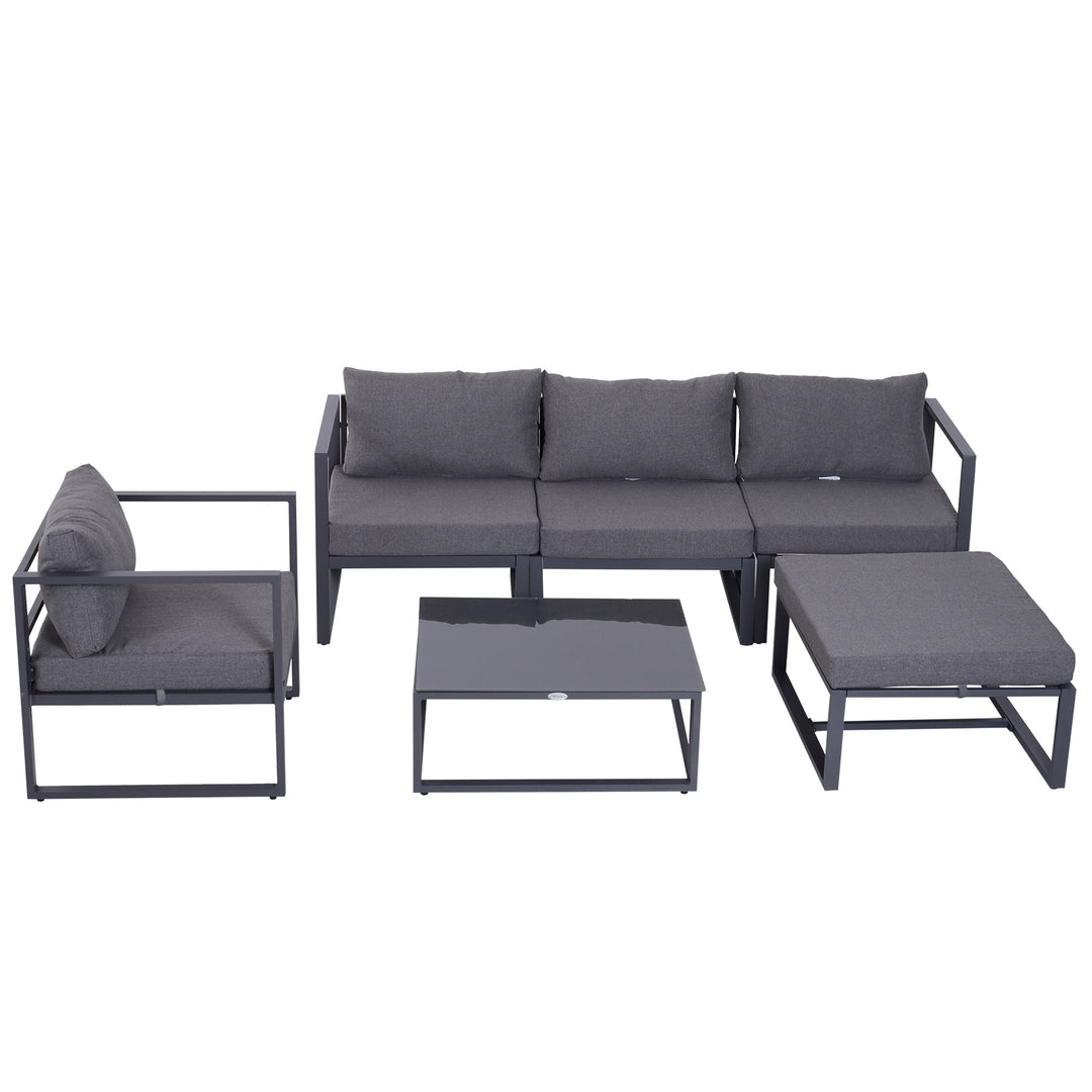 MCL 6 PCs Outdoor Indoor Sectional Sofa Set Thick Padded Cushions Aluminium Frame 5 Seaters 1 Coffee Table Footrest Grey