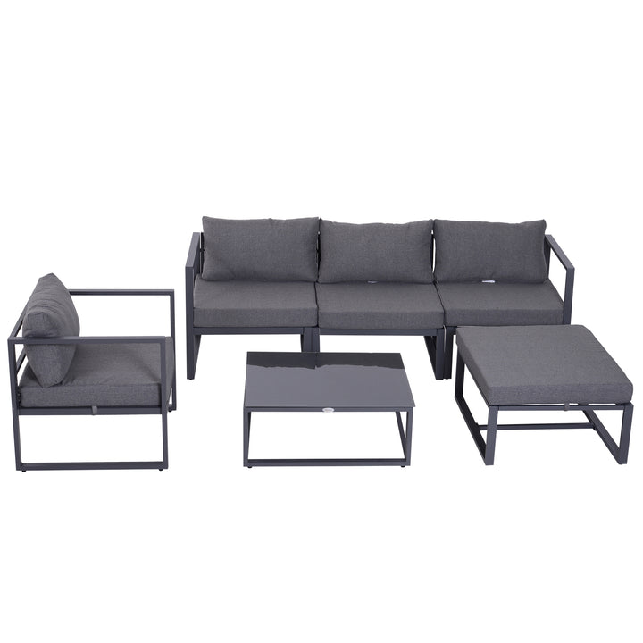 MCL 6 PCs Outdoor Indoor Sectional Sofa Set Thick Padded Cushions Aluminium Frame 5 Seaters 1 Coffee Table Footrest Grey