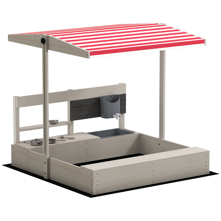 Outsunny Kids Wooden Sandbox w/ Canopy, Kitchen Toys, Seat, Storage, for 3-7 Years Old Outdoor Play