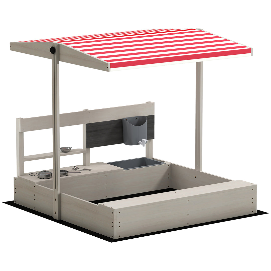 Kids Wooden Sandbox w/ Canopy, Kitchen Toys, Seat, Storage, for Ages 3-7 Years