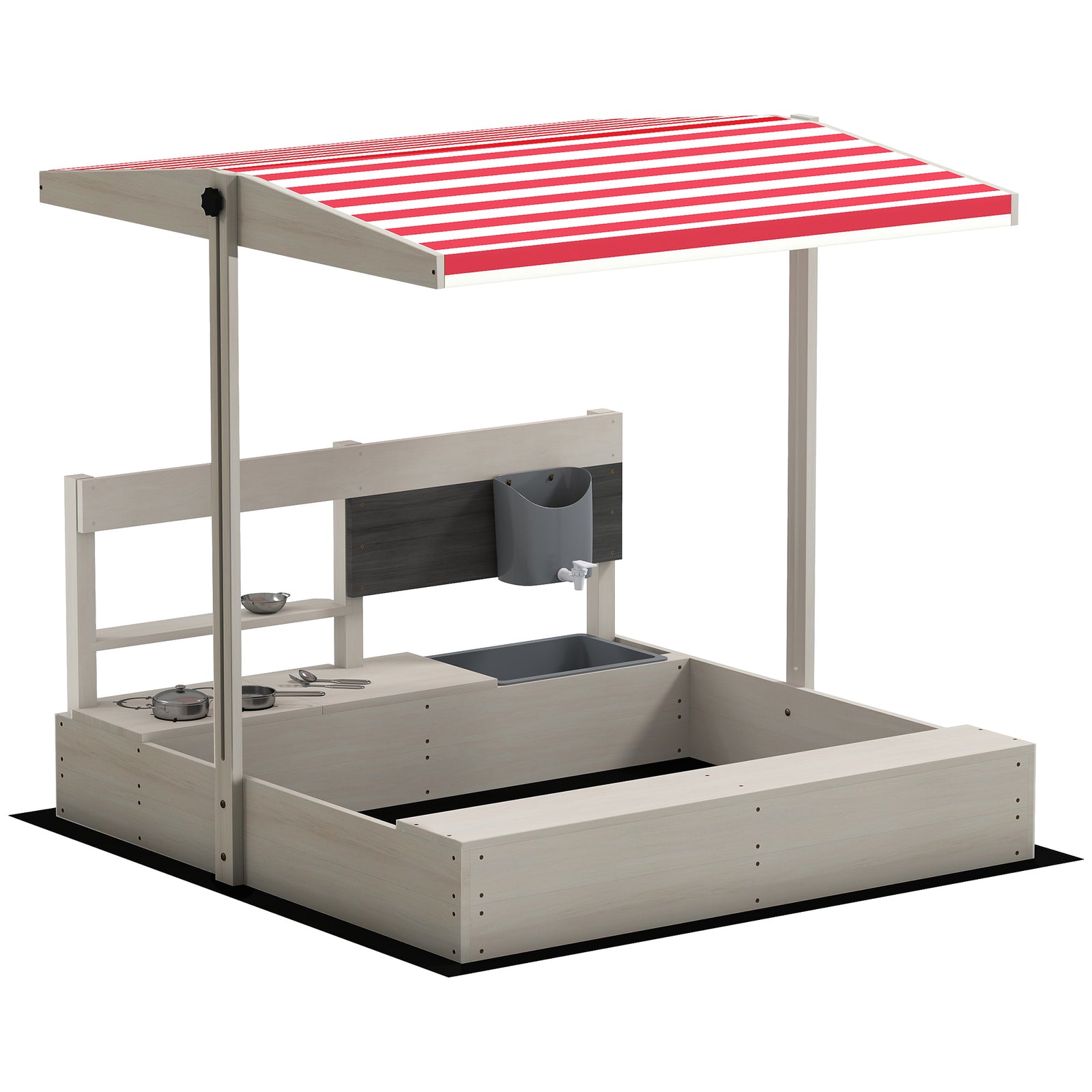 Kids Wooden Sandbox w/ Canopy, Kitchen Toys, Seat, Storage, for Ages 3-7 Years