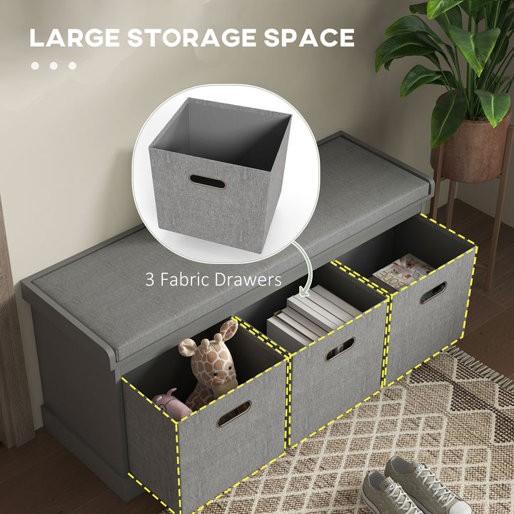 Three-Drawer Shoe Storage Bench, with Padded Top Seat - Grey