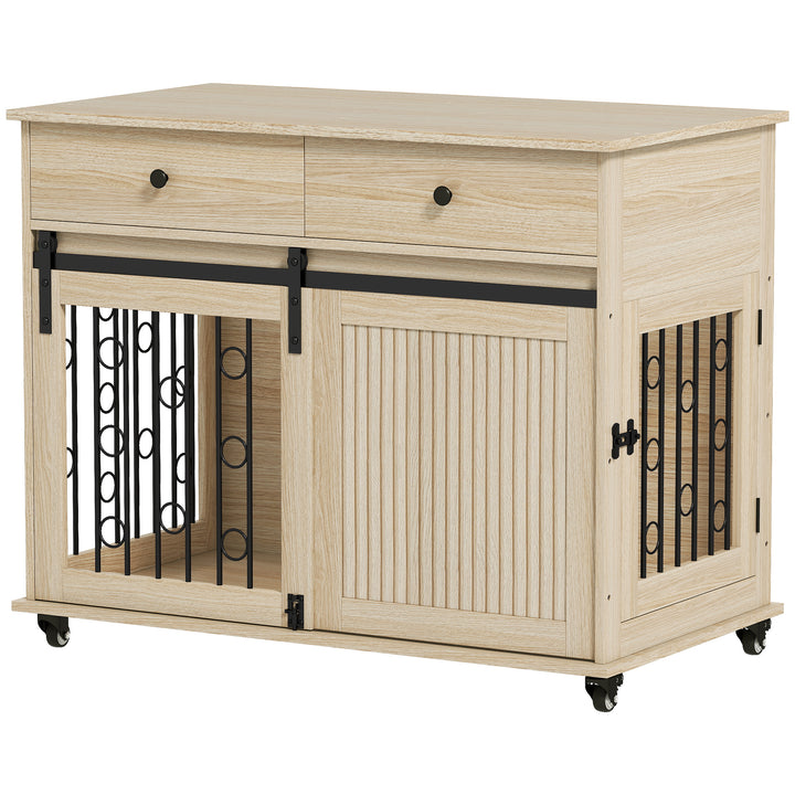MCL Dog Crate Furniture on Wheels, Dog Cage with 2 Drawers, Sliding Door, for Medium Large Dogs, Oak Tone