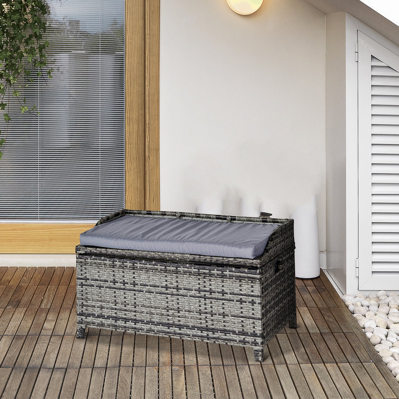 130 L Rattan Garden Storage Box, with Seat - Mixed Grey