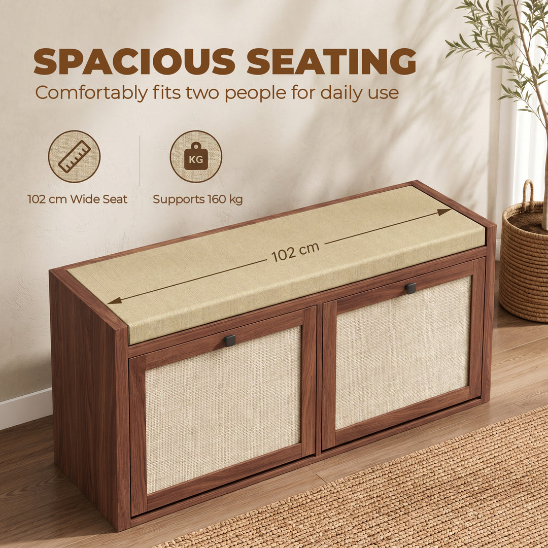 Rattan Shoe Bench with Padded Cushion and 2 Cabinets for Hidden Storag