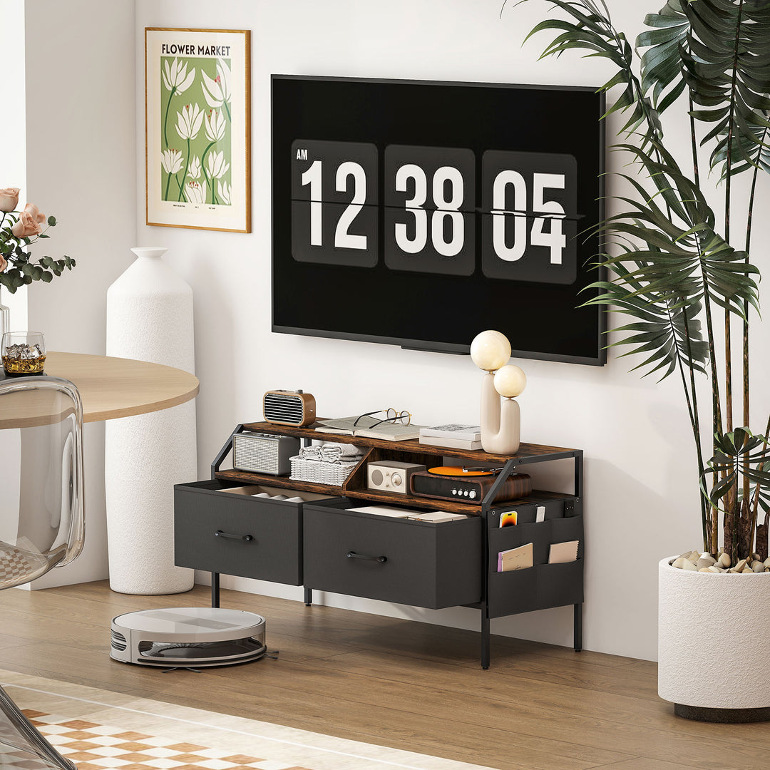 TV Stand Cabinet, TV Unit for 55-inch TVs with 2 Foldable Fabric Drawers, 5 Divided Side Pockets, Open Shelves, Console Table for Living Room, Bedroom, Entertainment Room, Rustic Brown