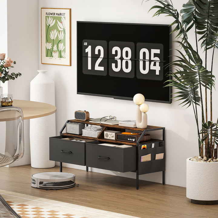 TV Stand Cabinet, TV Unit for 55-inch TVs with 2 Foldable Fabric Drawers, 5 Divided Side Pockets, Open Shelves, Console Table for Living Room, Bedroom, Entertainment Room, Rustic Brown