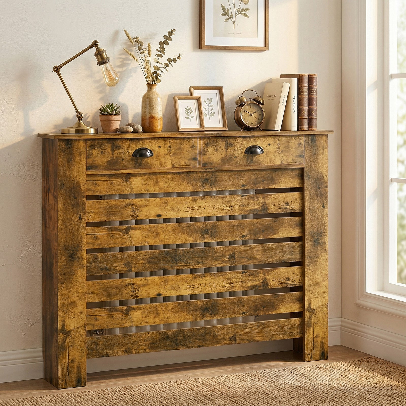 95.5H x 111Wcm Radiator Cover, with Drawer - Rustic Brown