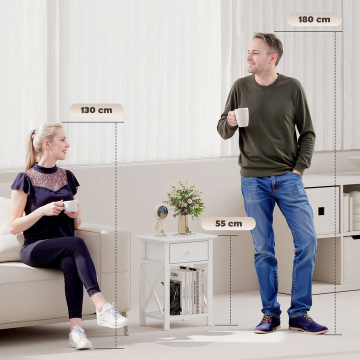 MCL End Table, Sofa Side Table with Drawer X Bar Bottom Storage Shelf, Nightstand Bedside Table for Bedroom or Living Room White