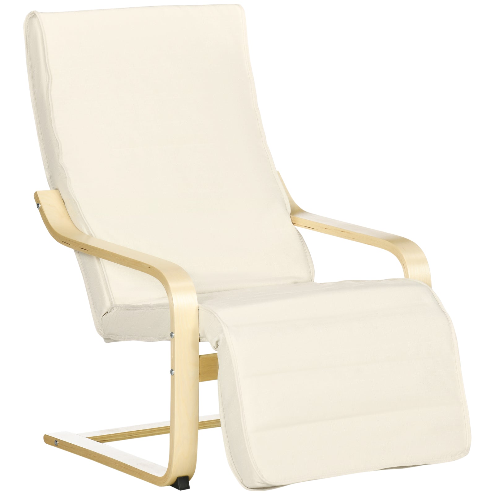 Wooden Armchair, Upholstered Linen Lounge Chair with Adjustable Footrest & Removable Cushion, Poang Chair for Living Room, Cream White
