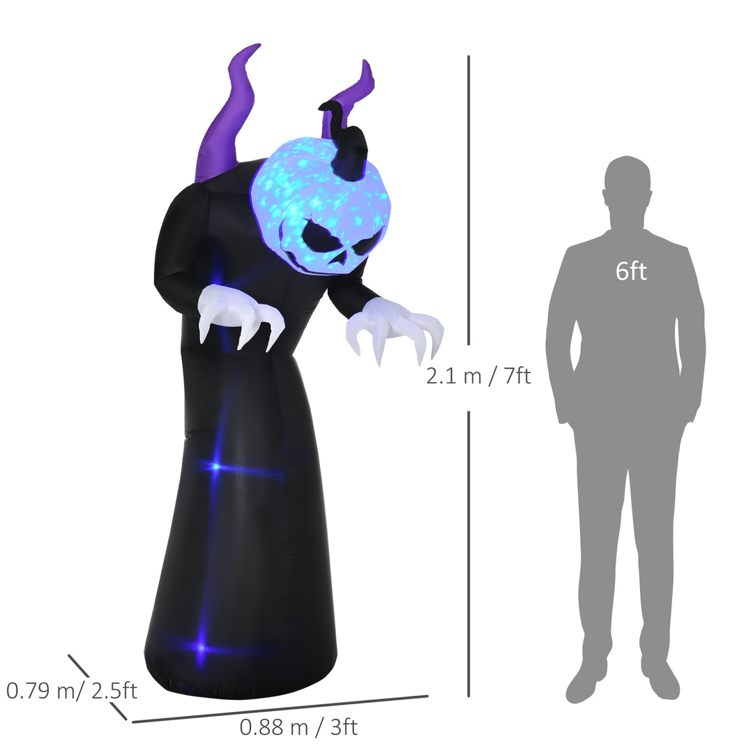 7ft Inflatable Halloween Ghost with Horns, Blow-Up Outdoor LED Display with Flame Effect for Garden, Lawn, Party, Holiday