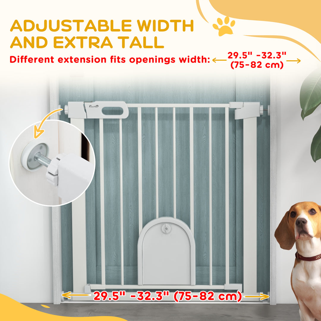 75-82cm Pet Safet Gaye, Pressure Fit Stair, with Cat Flap, Double Locking, White