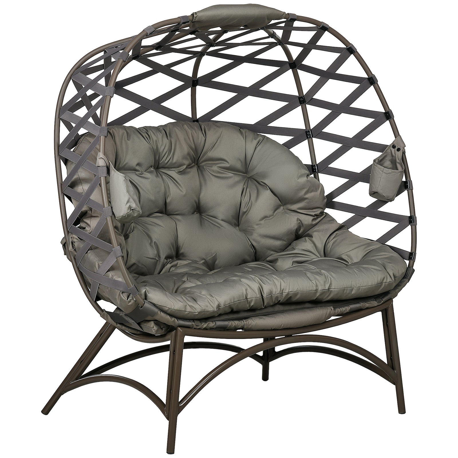 2 Seater Egg Chair Outdoor, Folding Weave Garden Furniture Chair with Cushion, Cup Pockets - Sand Brown