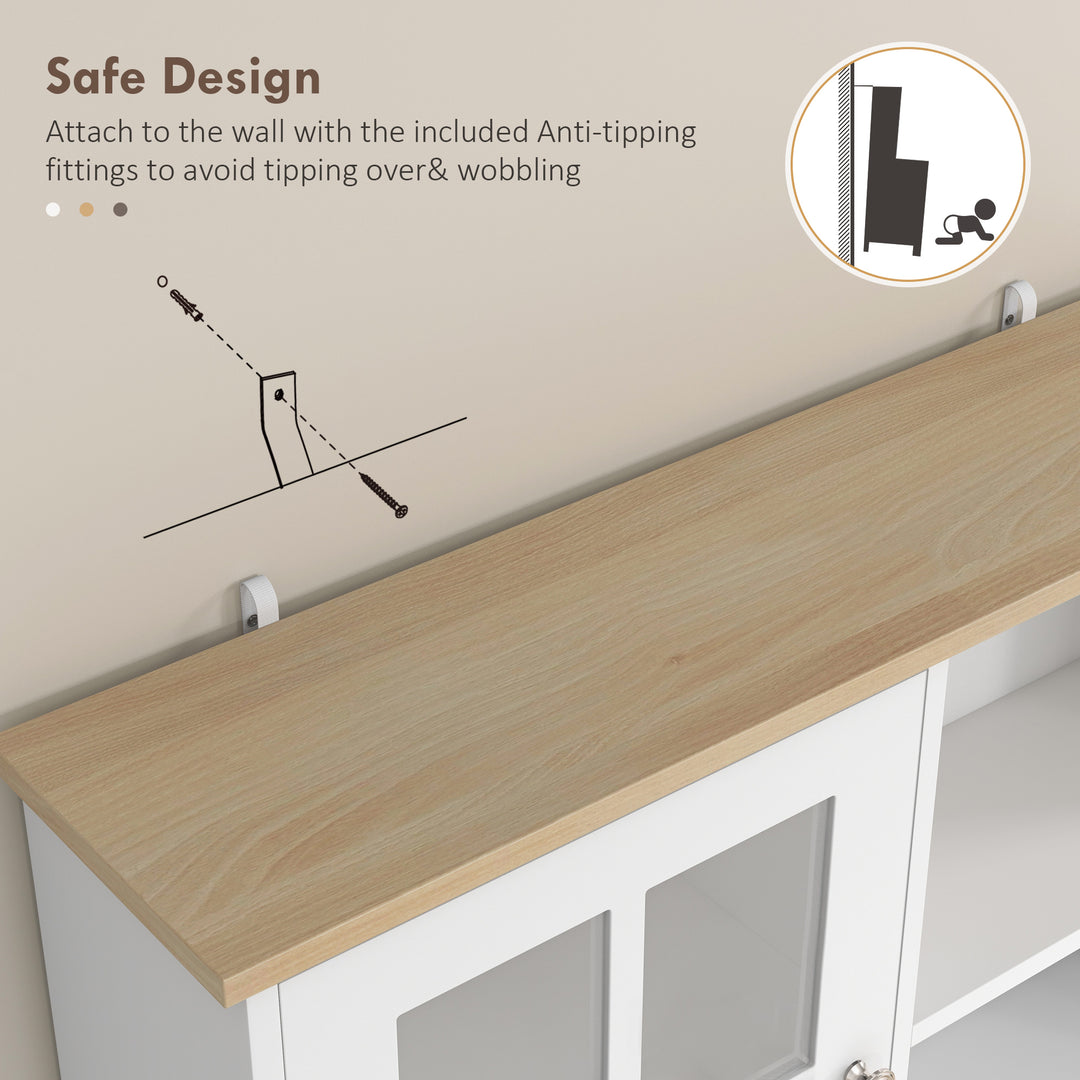 Freestanding Kitchen Cupboard, Storage Cabinet with Doors and Adjustable Shelves, Counter Top, Grid Glass Doors, 80L x 37W x 183H cm - White