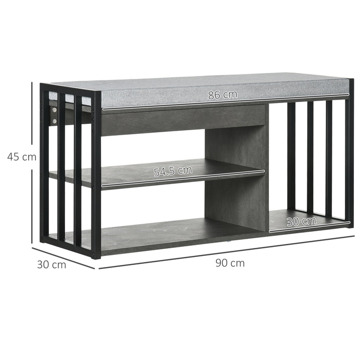 HOMCOM Shoe Storage Bench, Upholstered Entryway Bench with 3 Open Shelves, Grey, Ideal for Hallway | Aosom UK