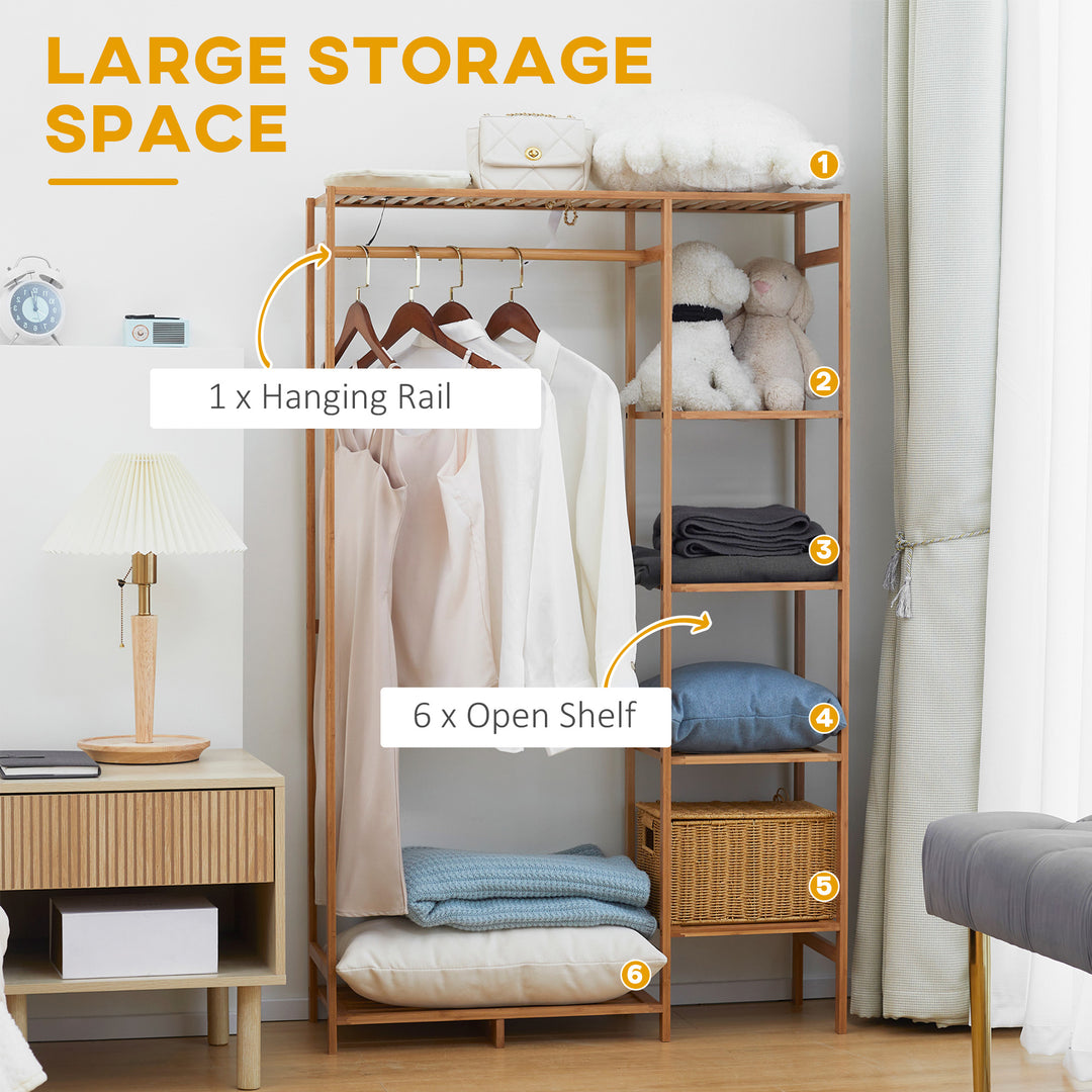 HOMCOM Bamboo Garment Rack: 6-Tier Storage Shelf with Hanging Rail for Bedroom & Living Room | Aosom UK