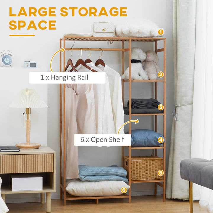 HOMCOM Bamboo Garment Rack: 6-Tier Storage Shelf with Hanging Rail for Bedroom & Living Room | Aosom UK