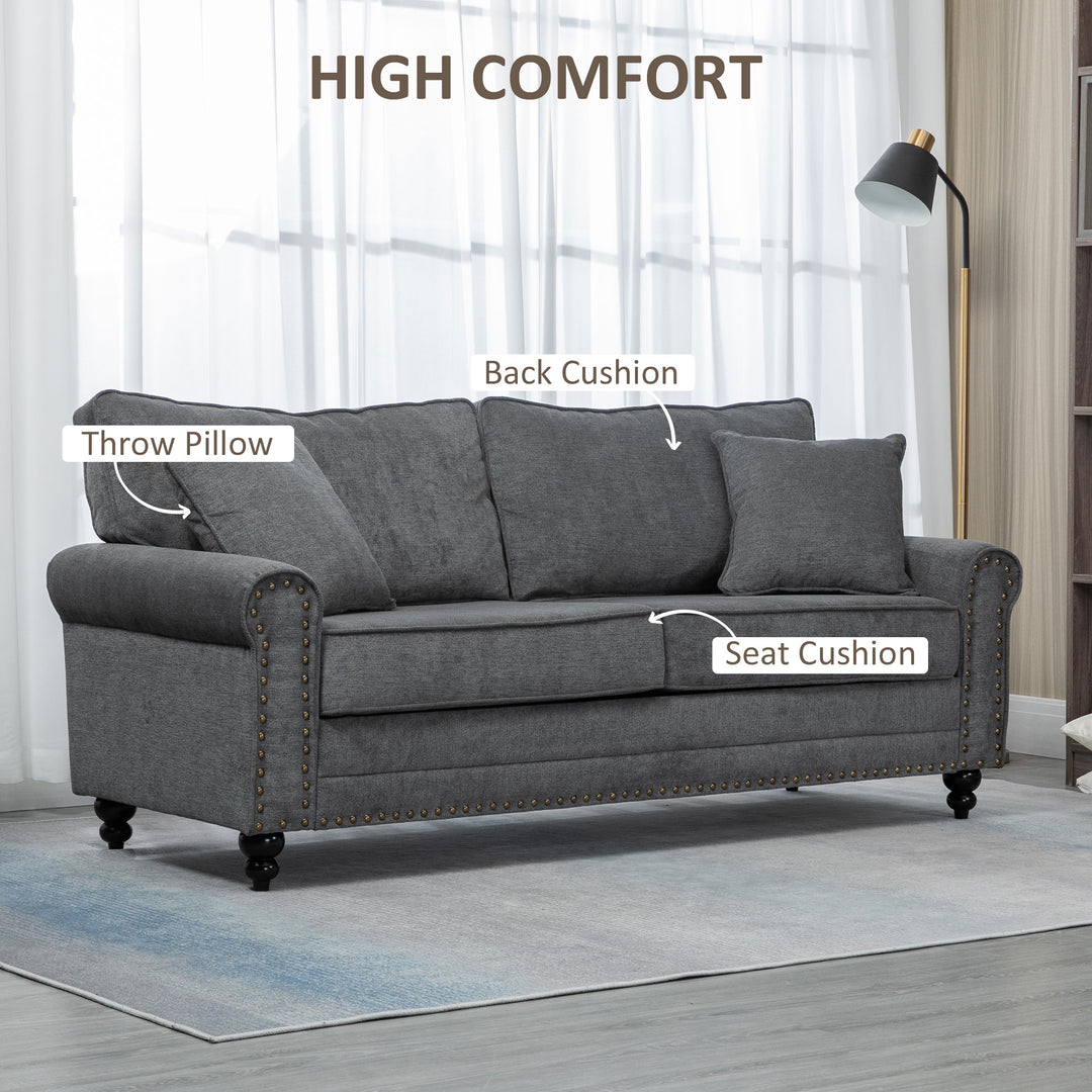 3 Seater Sofa, Fabric Couch with Rubber Wood Legs, 3 Seater Settee with Extra Padded Cushions and Pillows for Living Room, 196W x 80.5D x 89H cm, Grey