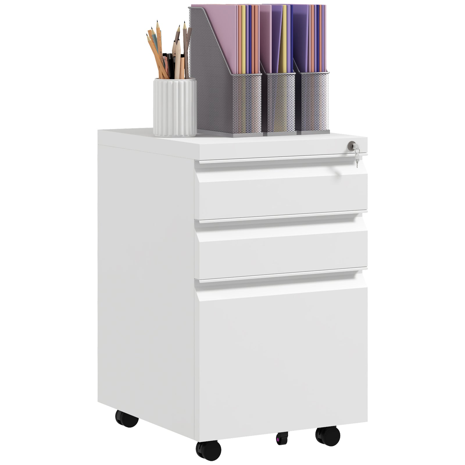 3-Drawer Filing Cabinet with Lock, Mobile Steel File Cabinet for A4, Legal and Letter Size, Under Desk Drawers with Pre-Assembled Body for Home Office, 37 x 43.5 x 60 cm, White
