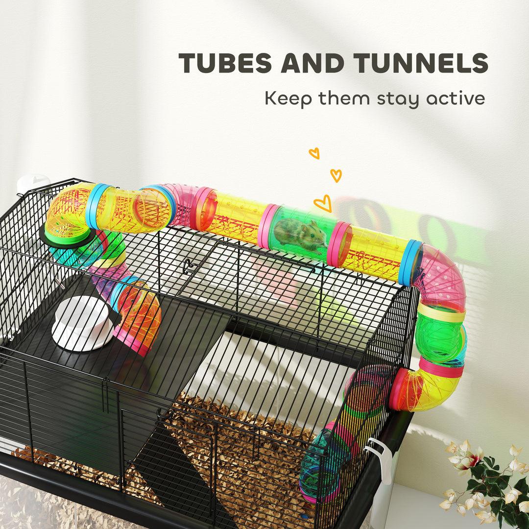Two-Tier Hamster Cage with 31cm Deep Tray, Tube System, Water Bottle, Ramp, Feeding Bowl, Multicoloured