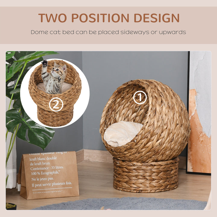 Wicker Cat Bed, Raised Rattan Cat Basket with Cylindrical Base, Soft Washable Cushion, 50 x 42 x 60 cm - Brown