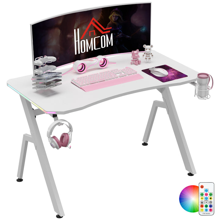 RGB 120 x 66cm Gaming Desk, Computer Table with Carbon Fibre Surface, Headphone Hook, Cup Holder, Controller Rack, Home Office Desk, White