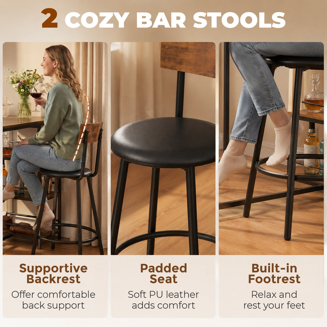 Space Saving Bar Table and PU Leather Stools for 2, 3 Piece Breakfast 