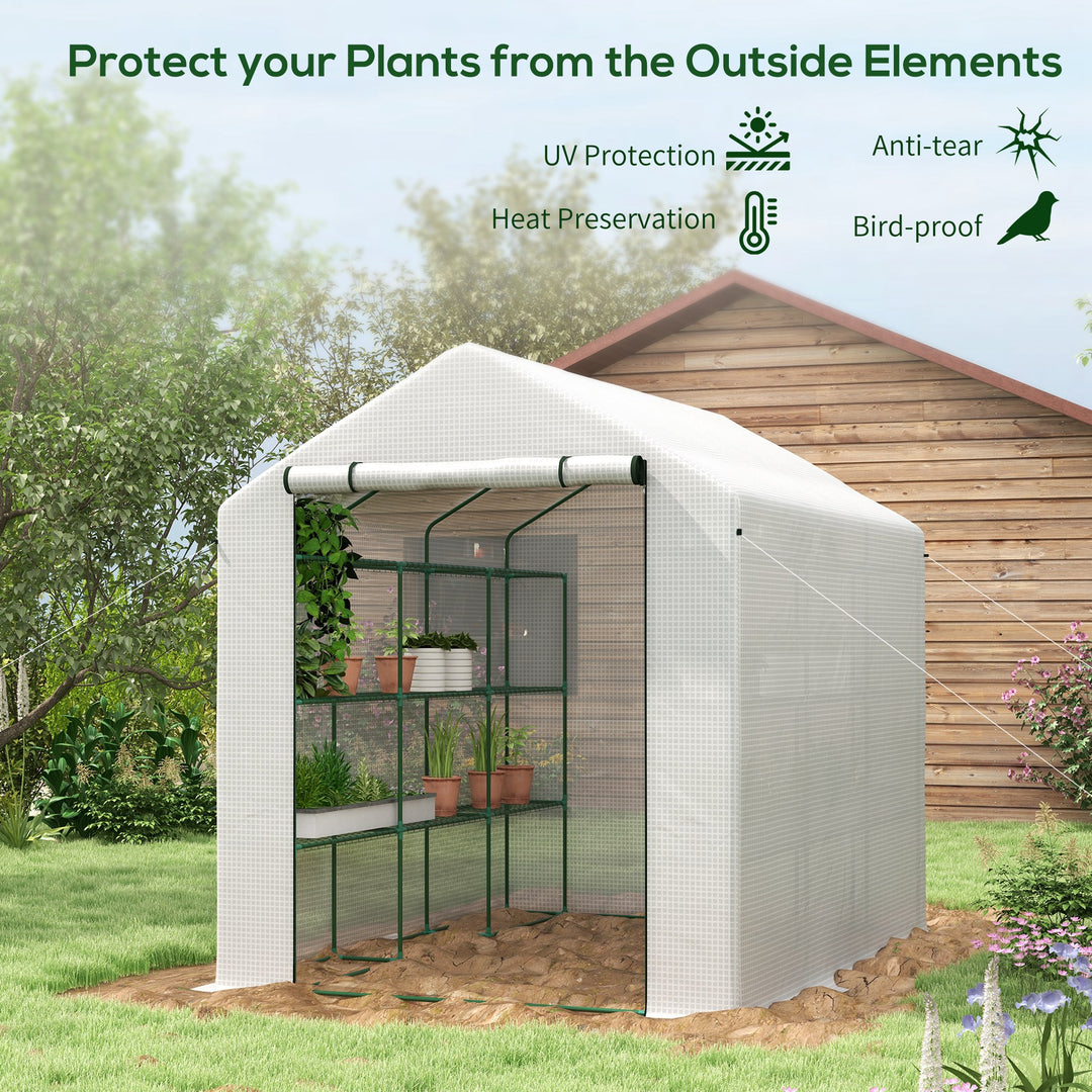 8 x 6ft Walk-In Greenhouse, with Shelves - White