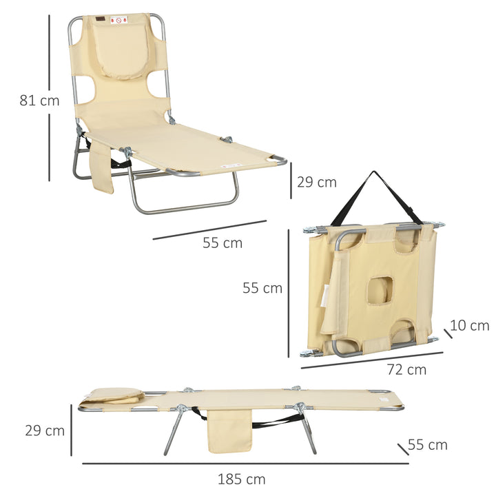 Foldable Sun Lounger, Beach Chaise Lounge with Reading Hole, Arm Slots, 5-Position Adjustable Backrest, Side Pocket, Pillow for Garden, Beach, Pool, Beige