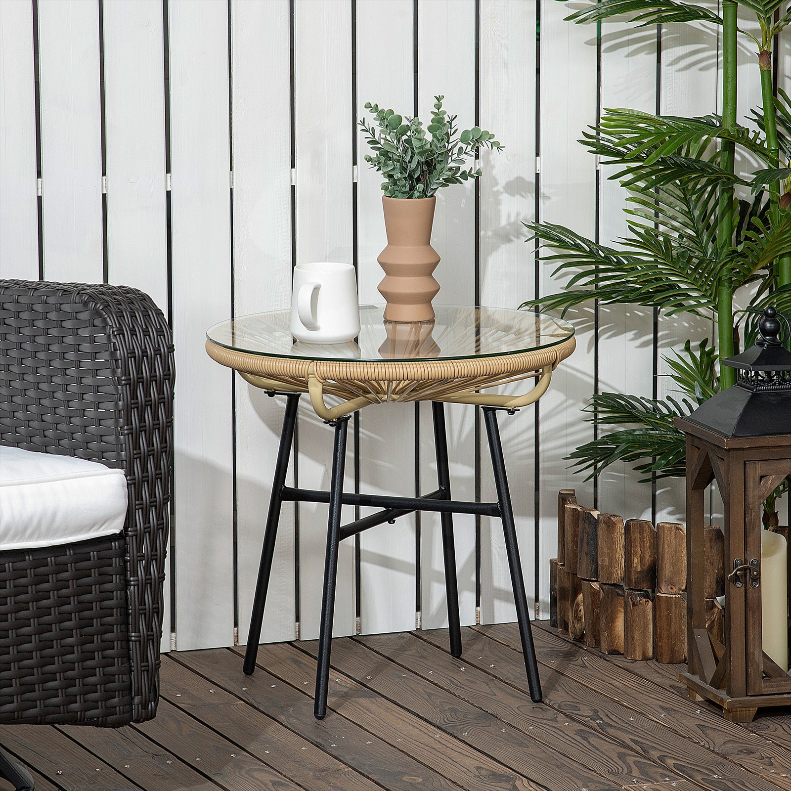 Rattan Side Table, Round Outdoor Coffee Table, with Round PE Rattan and Tempered Glass Tabletop for Patio, Garden, Balcony, Beige