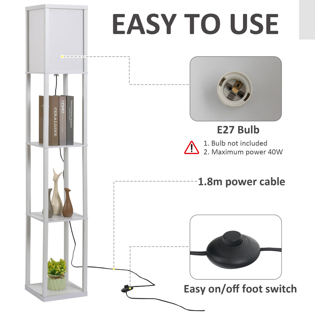 3-Tier Floor Lamp, Floor Light with Storage Shelf, Reading Standing Lamp with Acrylic Shade for Living Room, Bedroom, Kitchen, Dining Room, Office, Dorm, 160cm, White