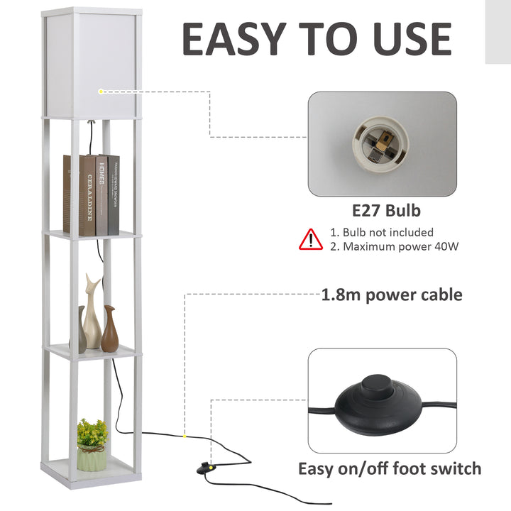 3-Tier Floor Lamp, Floor Light with Storage Shelf, Reading Standing Lamp with Acrylic Shade for Living Room, Bedroom, Kitchen, Dining Room, Office, Dorm, 160cm, White