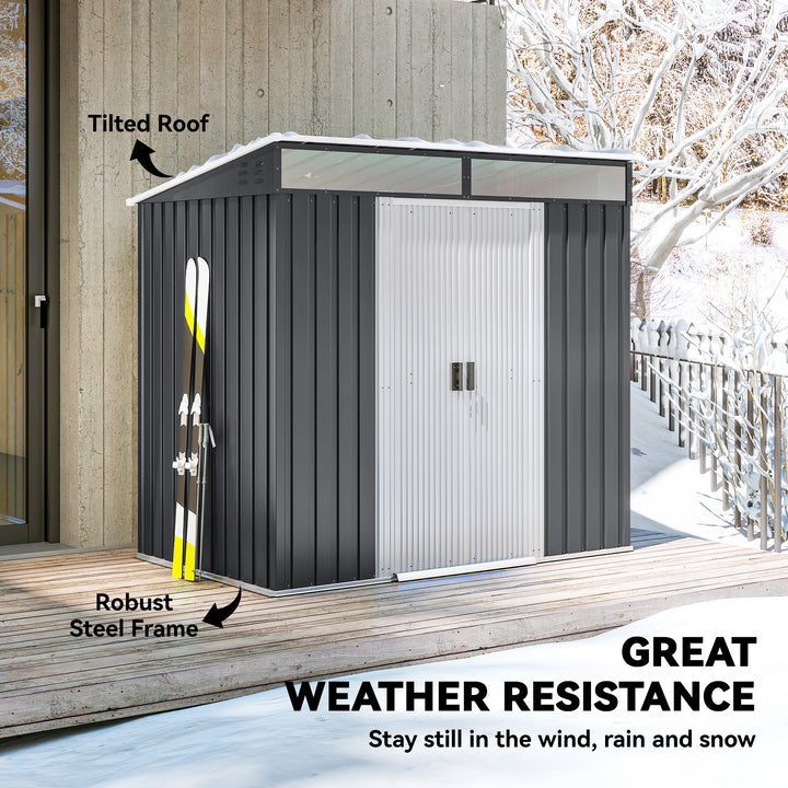 6.5 x 4FT Galvanised Metal Shed with Foundation Kit, Lockable Tool Garden Shed with Double Sliding Doors, Vents, Grey