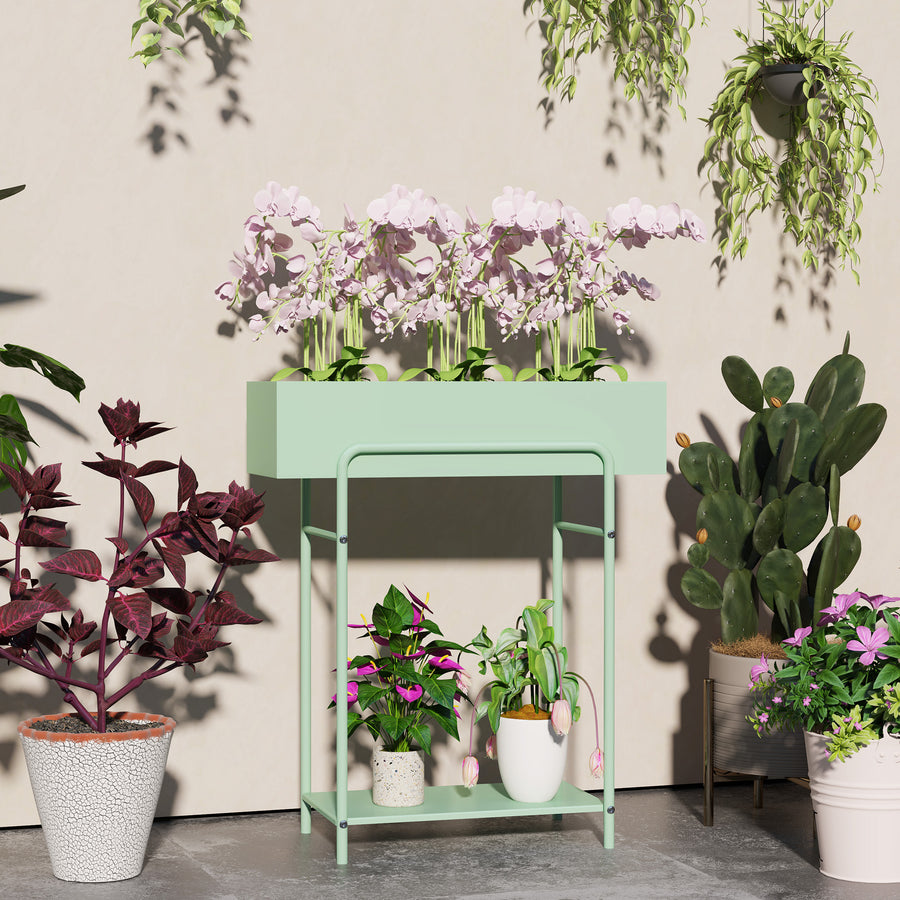 2 Tier Plant Stand, Metal Plant Rack Shelf with Drain Holes, Floor-standing Flower Pot Stand for Indoor Outdoor Garden Patio Balcony Living Room, Green
