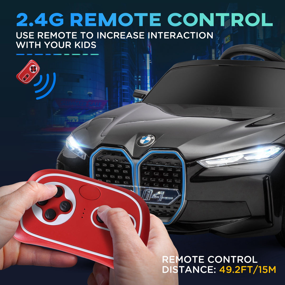 BMW i4 Licensed 12V Kids Electric Ride-On Car, with Remote Control, Portable Battery, Music, Horn, Headlights - Black