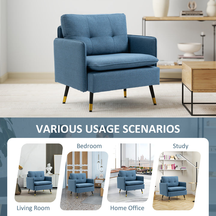 Modern One Seater Sofa, Button Tufted Armchair with Cushions and Steel Legs, Accent Chair for Living Room, Guest Room, Dark Blue