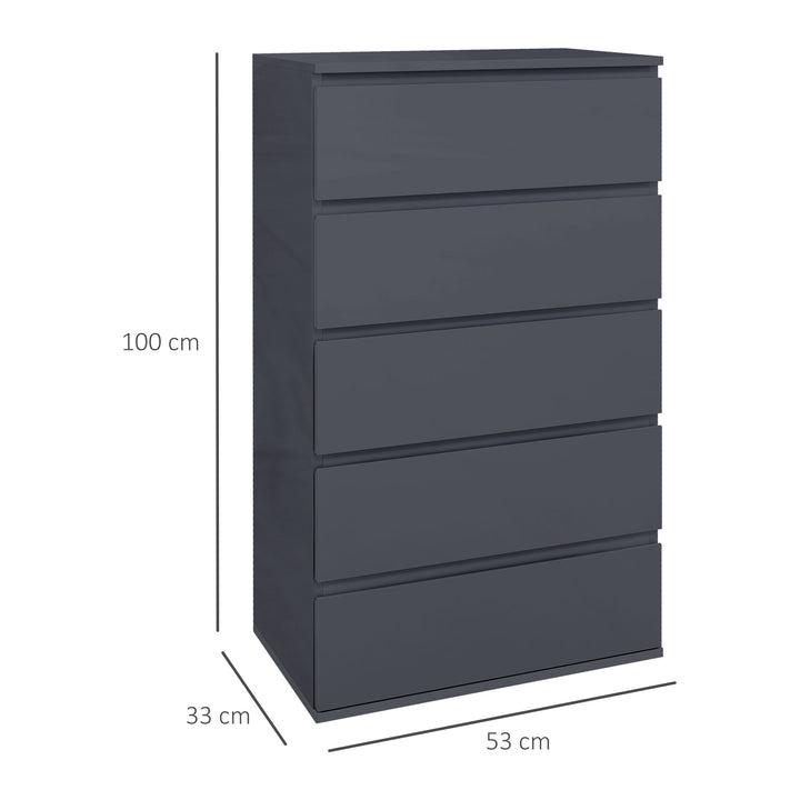 5-Drawer Modern Dresser, High Gloss Storage Drawer Unit for Bedroom, Grey