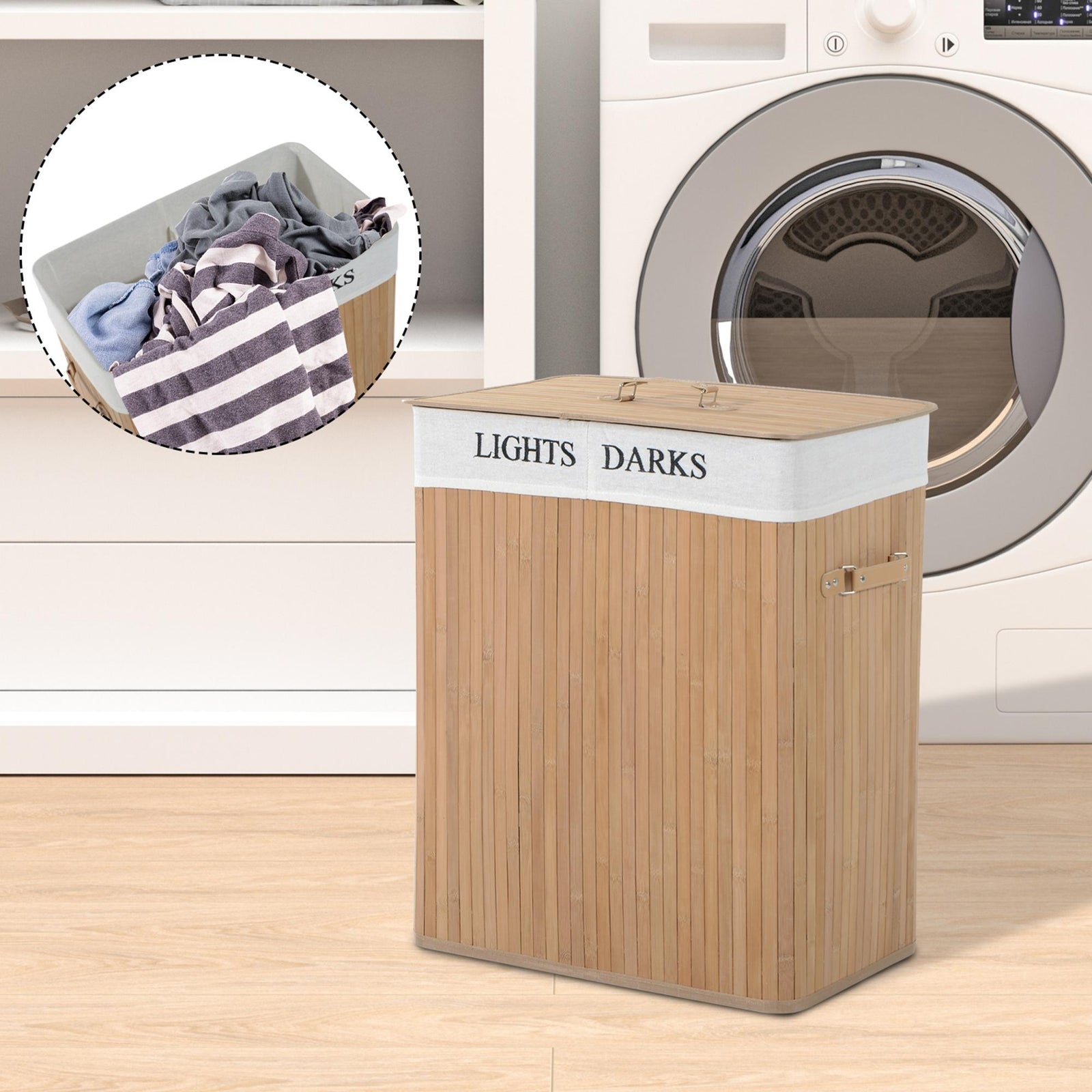 100L Collapsible Natural Wood Laundry Hamper Organizer Clothes Washing Basket Bin Storage Box w/Lid Removable Lining 52x32x63cm, Wood Color