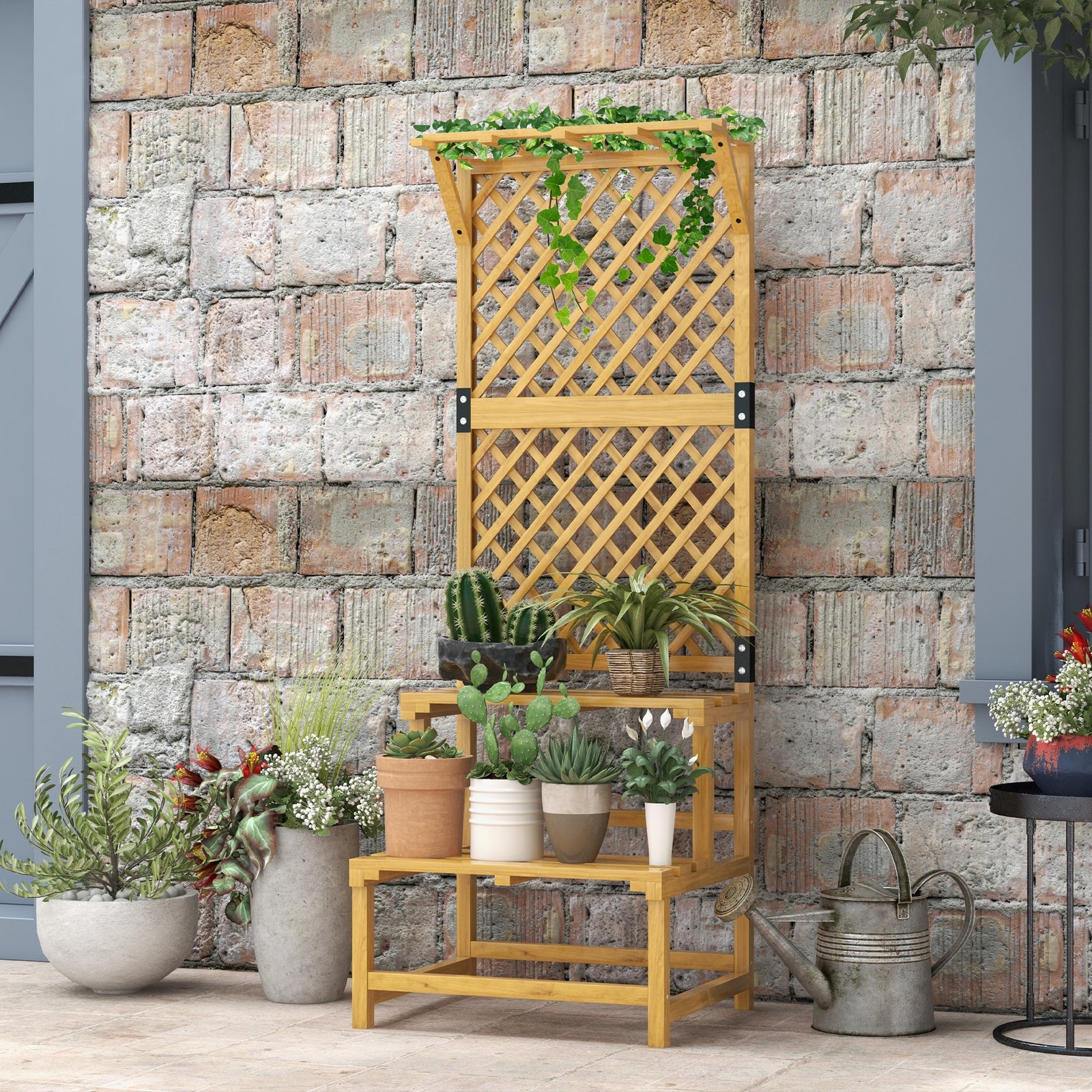 Wooden Plant Stand, with Trellis - Natural Finish