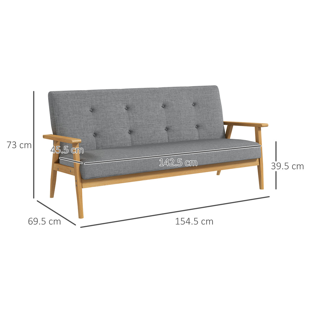 3 Seater Sofa Modern Linen Fabric Upholstery Tufted Couch with Rubberwood Legs for Living Room and Kitchen, 155cm, Dark Grey