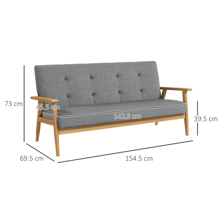 3 Seater Sofa Modern Linen Fabric Upholstery Tufted Couch with Rubberwood Legs for Living Room and Kitchen, 155cm, Dark Grey