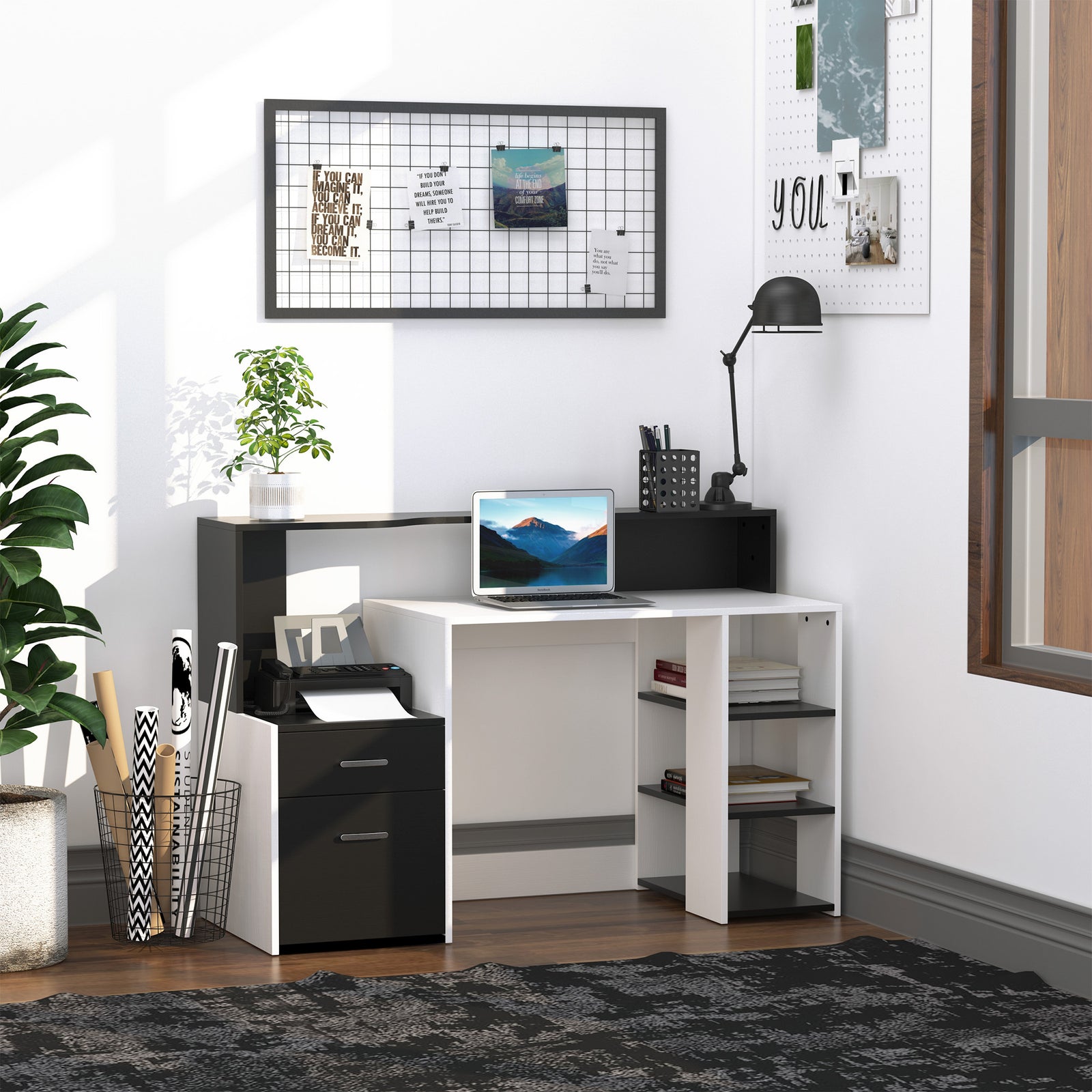 Computer Desk with Drawers and Storage Shelves, Office Desk Writing Table with Printer Stand, Large Workstation for Study Play Work Home Office, 137 x 55 x 92cm, Black and White