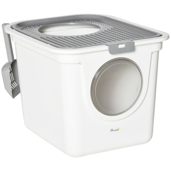 MCL Cat Litter Box, Pet Toilet, Enclosed Kitten Pan with Front Entrance Top Exit, High Side, Scoop, White