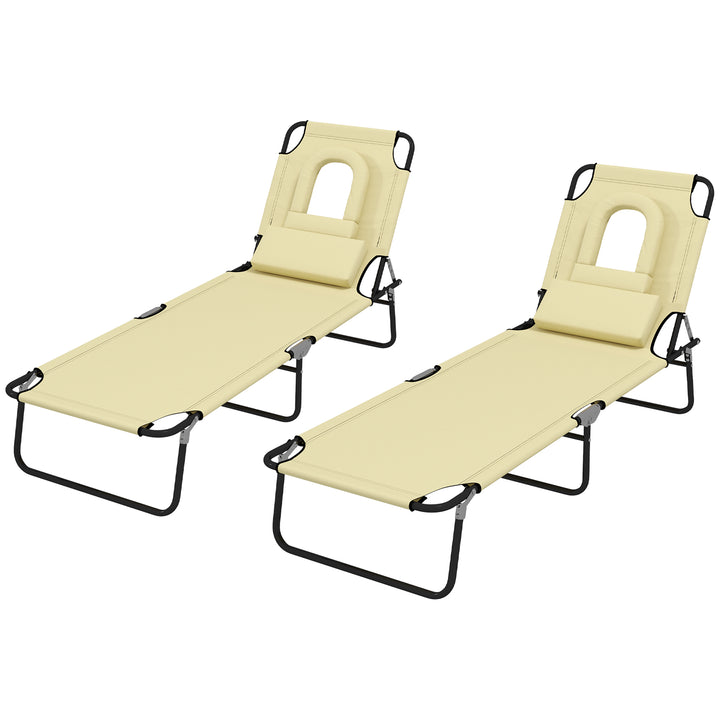 Outsunny Outdoor Foldable Sun Lounger Set of 2, 4 Level Adjustable Backrest Reclining Sun Lounger Chair with Pillow and Reading Hole, Beige | Aosom UK