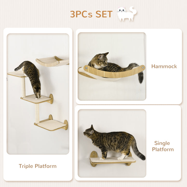 3PCs Wall-Mounted Cat Shelves, with Jumping Platforms, Hammock, Scratching Post - Oak Tone