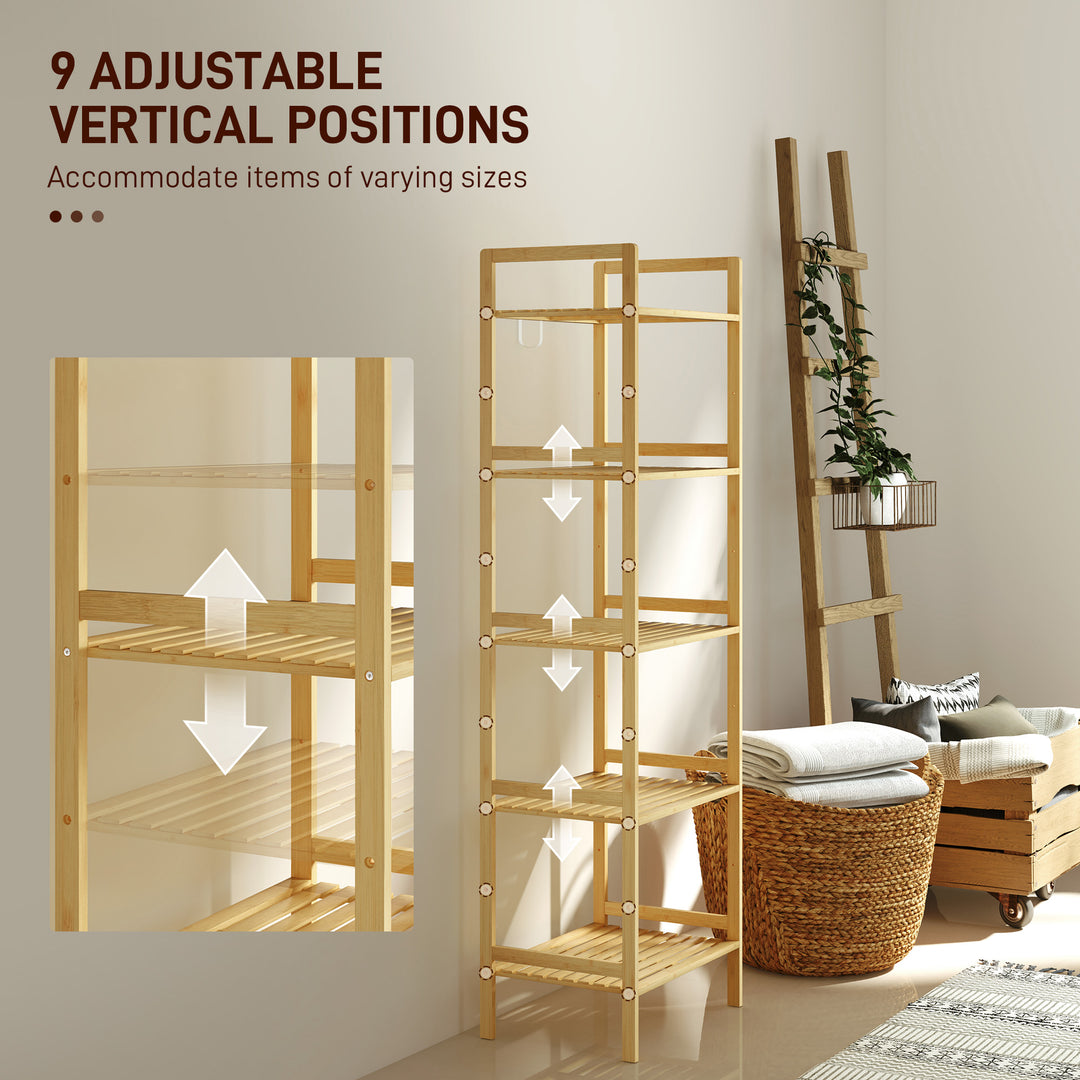 5-Tier Bamboo Bathroom Storage Shelf, Freestanding Shelving Unit with Adjustable Rack for Kitchen Bathroom Living Room, Natural Wood Finish
