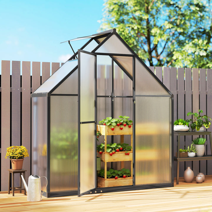 Polycarbonate Greenhouse with Swing Door and Adjustable Window, Walk-in Greenhouse, 5.5 x 6.5ft