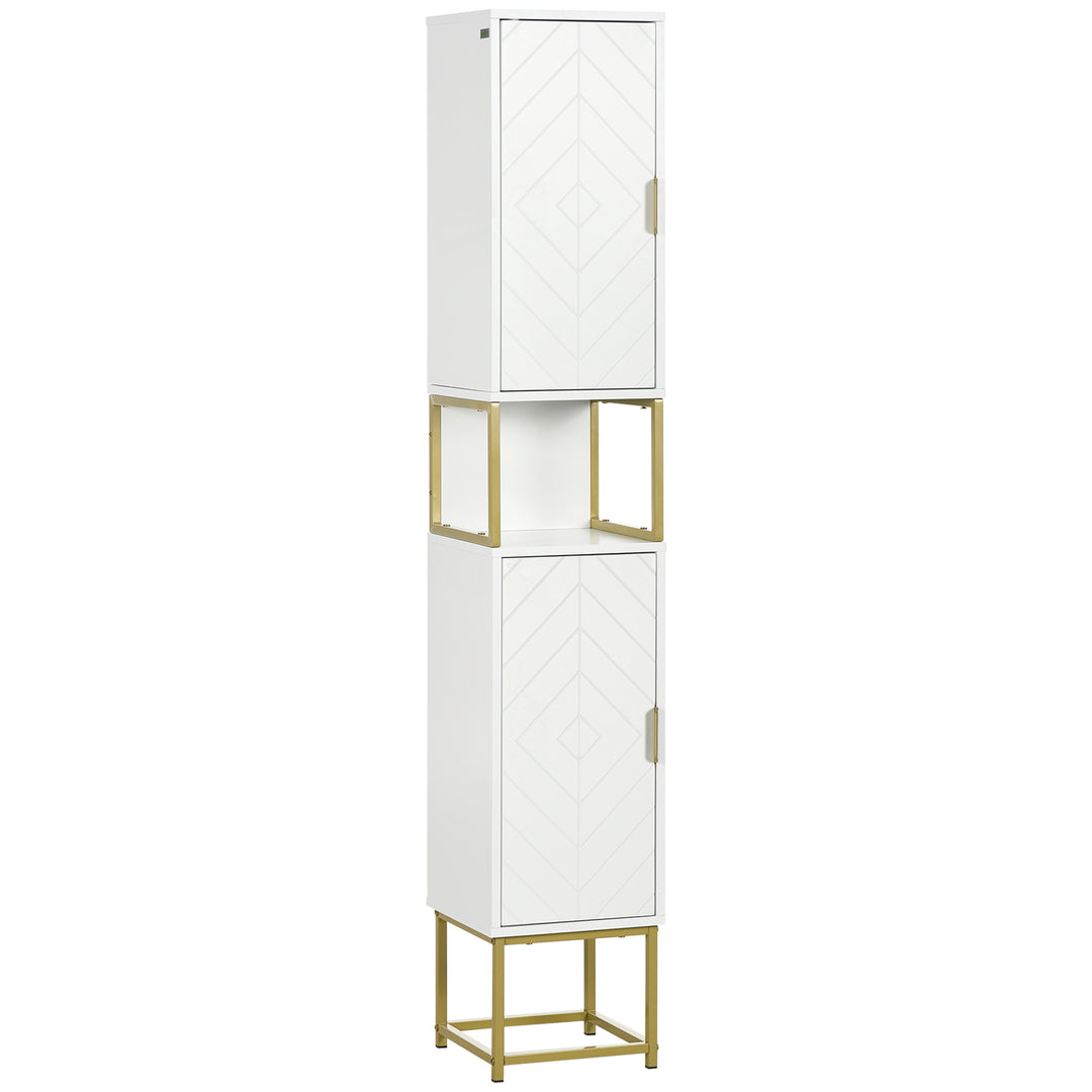 Narrow Bathroom Storage Cabinet, Freestanding Tallboy Storage Unit with Adjustable Shelf, 2 Doors and Steel Base, Slim Corner Organizer, White