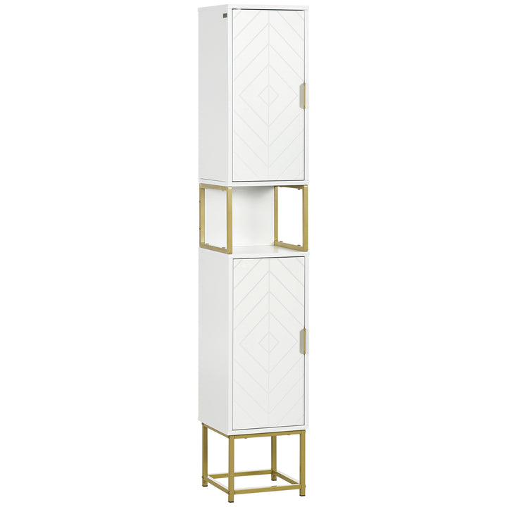 Narrow Bathroom Storage Cabinet, Freestanding Tallboy Storage Unit with Adjustable Shelf, 2 Doors and Steel Base, Slim Corner Organizer, White
