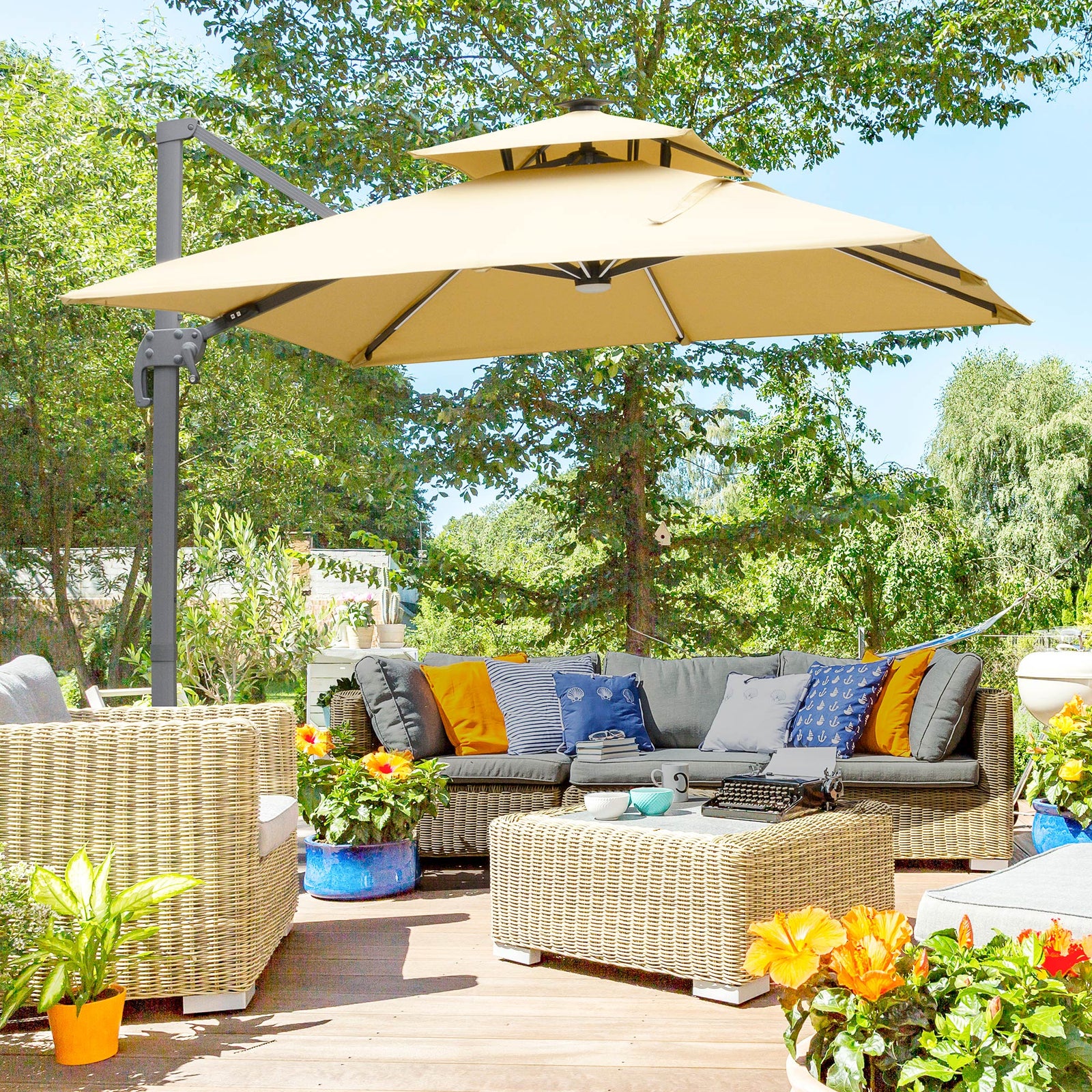 3m Cantilever Parasol, Outdoor Offset Patio Umbrella, Solar LED Lighted Hanging Sun Shade Canopy with Tilt and Crank Handle, Cross Base for Lawn, Khaki